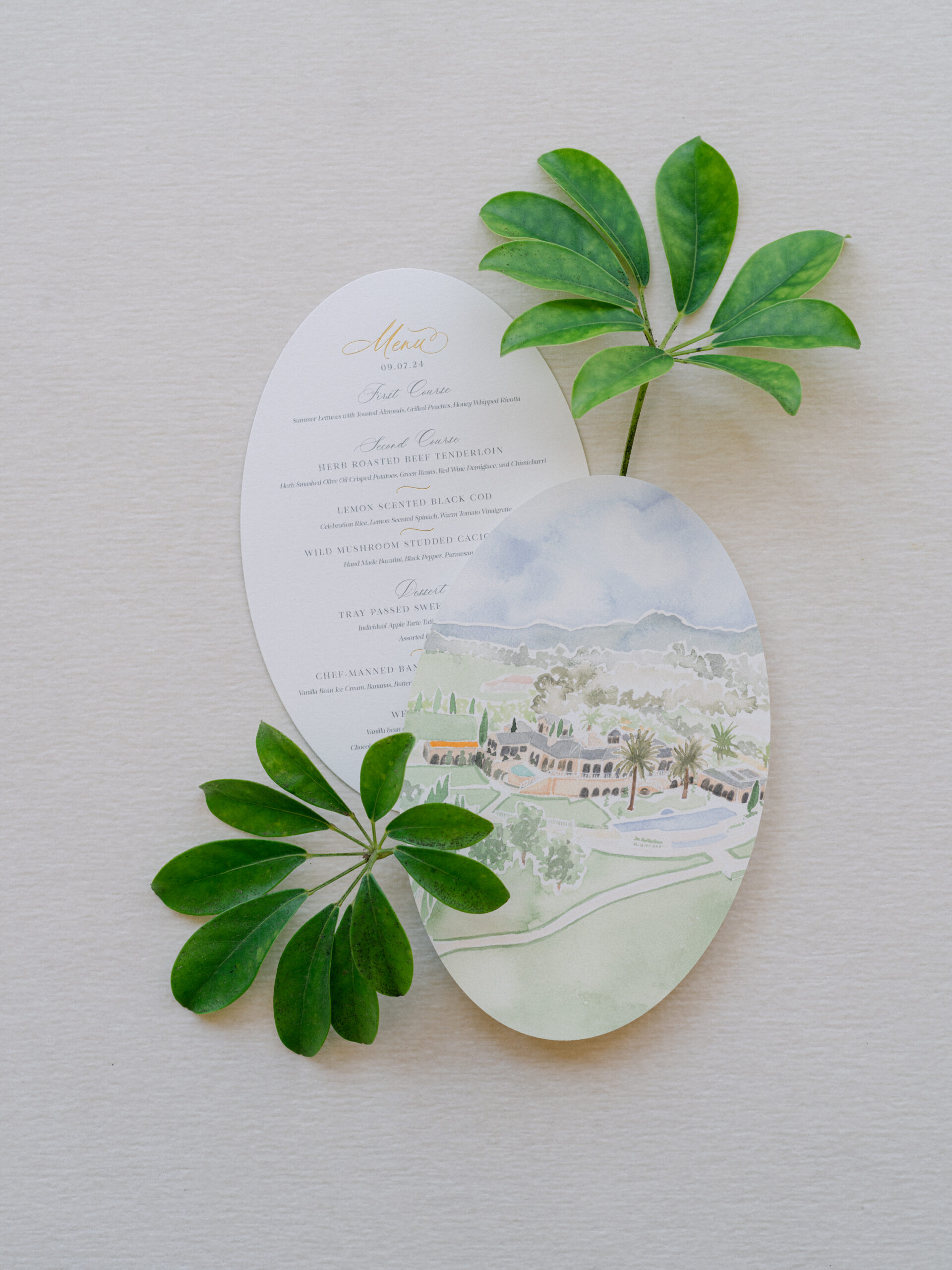 oval wedding menu with a venue illustration