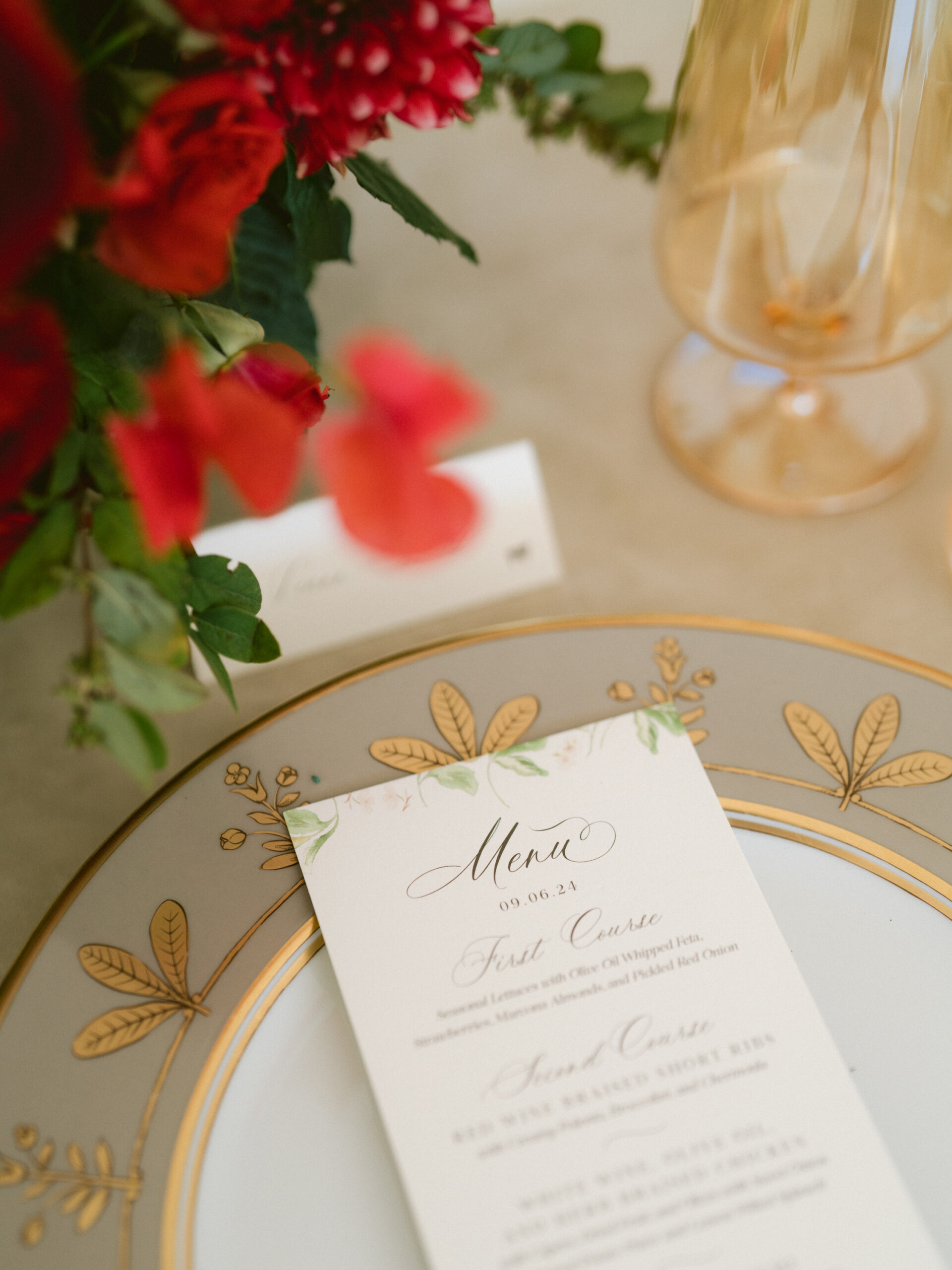 watercolor menu on a gold plate