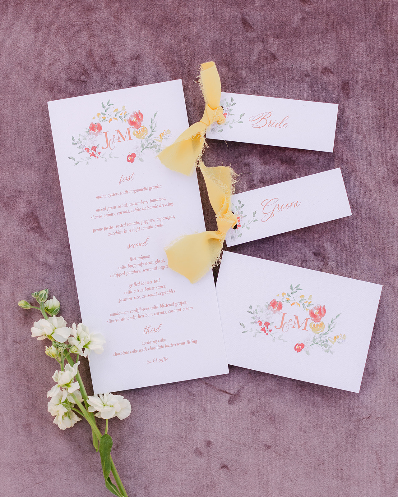 watercolor wedding menu, place cards, and thank you cards from Cotton & Bow