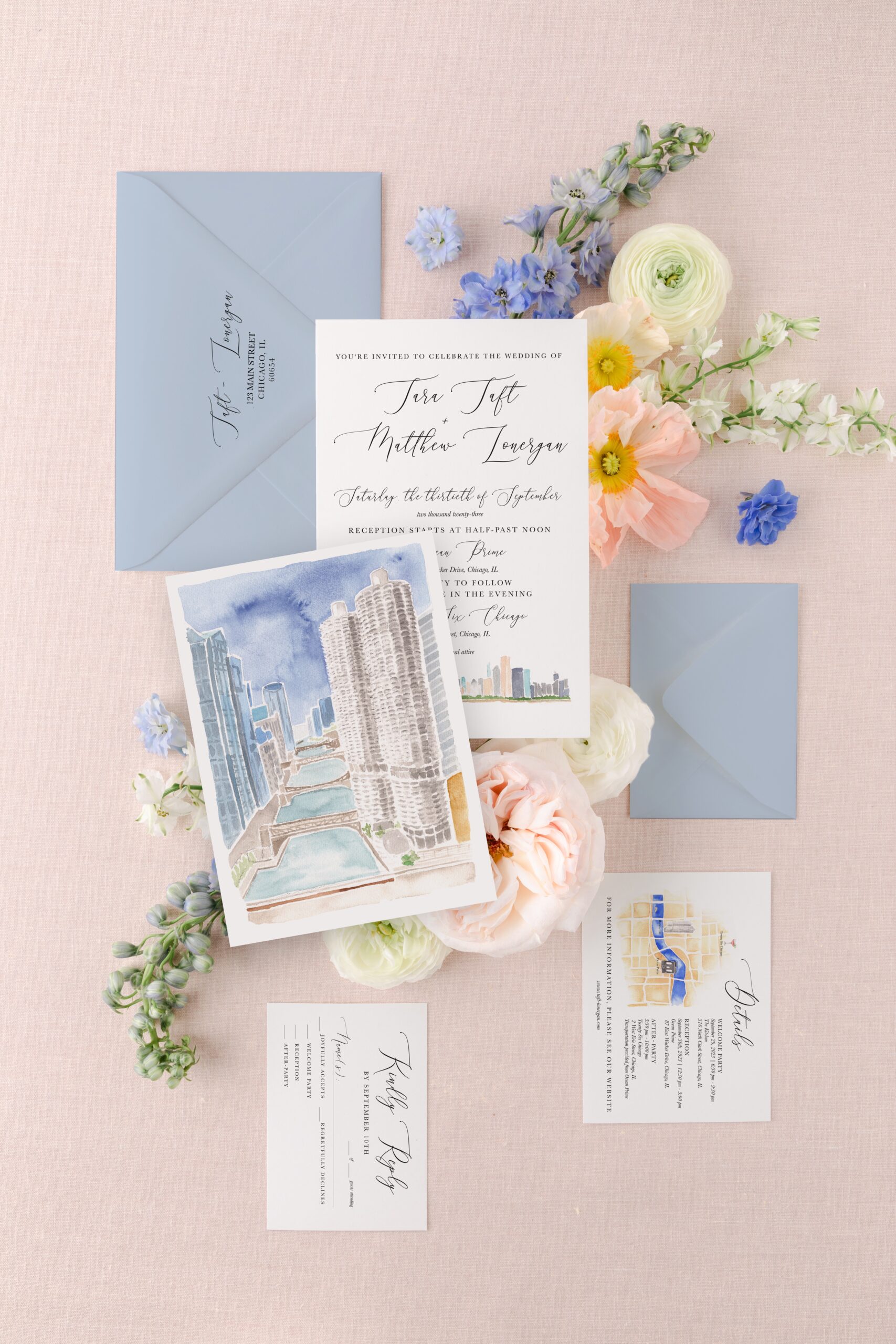 Cotton and Bow watercolor wedding invitations with chicago skyline and map illustrations