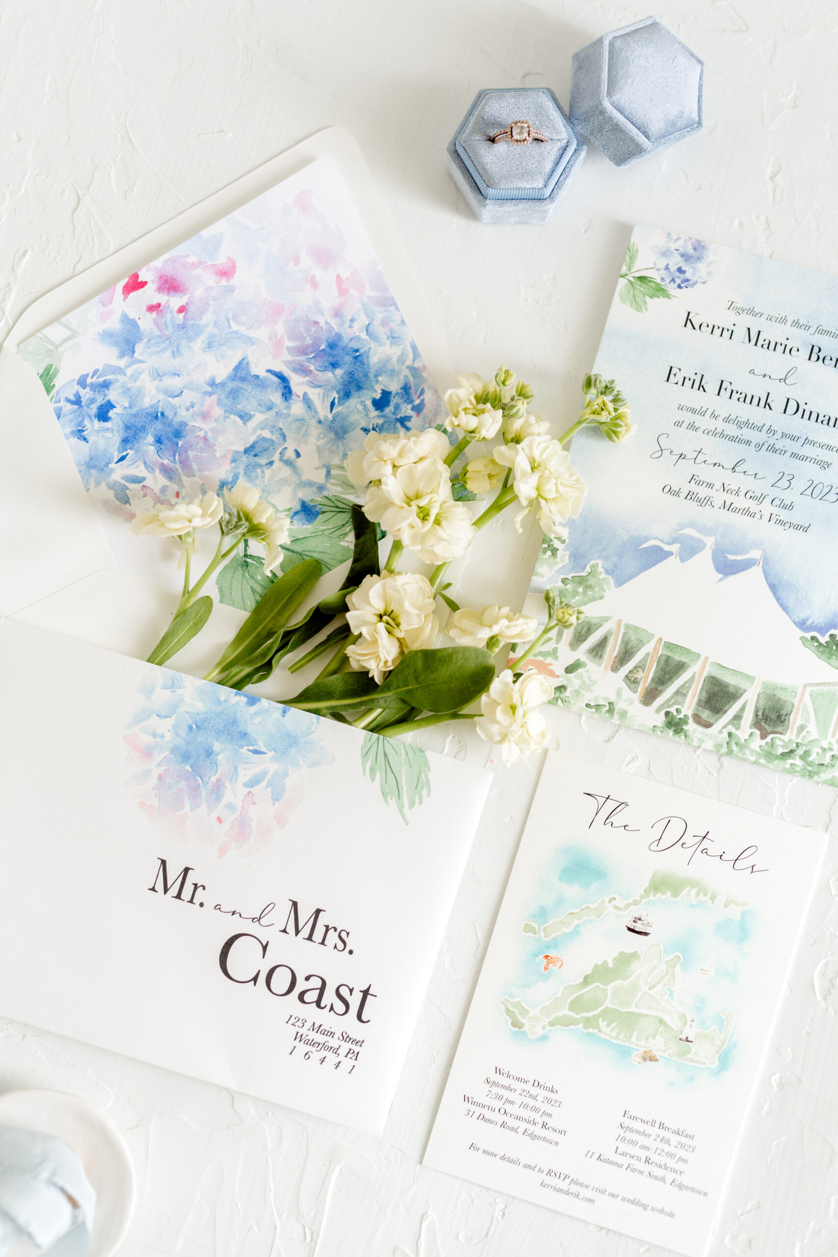 hydrangea wedding invitation cotton and bow
