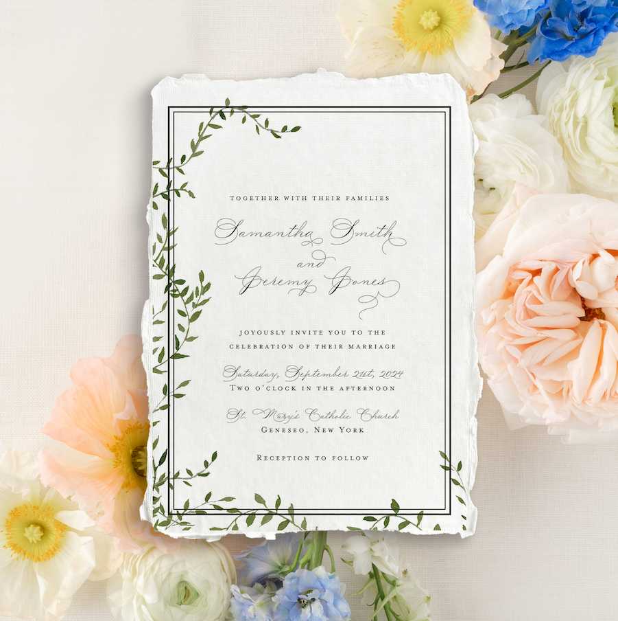 vines wedding invitation cotton and bow
