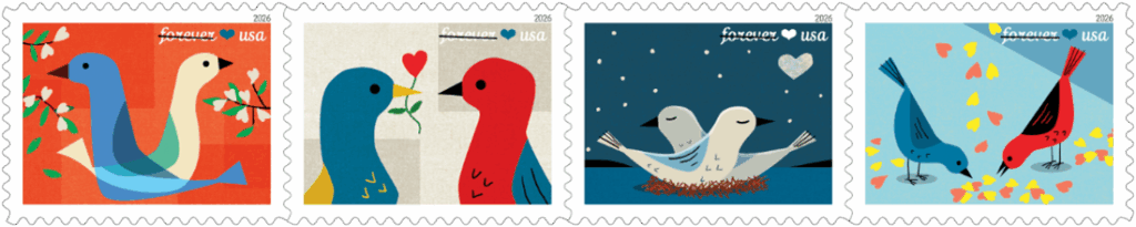 2026 love stamps from usps featuring graphic bird designs