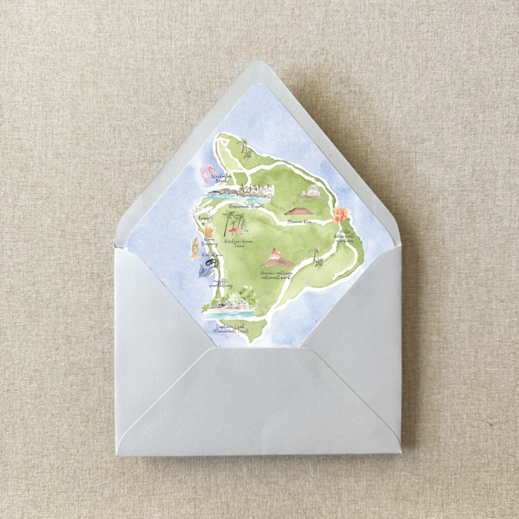 custom hawaii watercolor map in an envelope liner