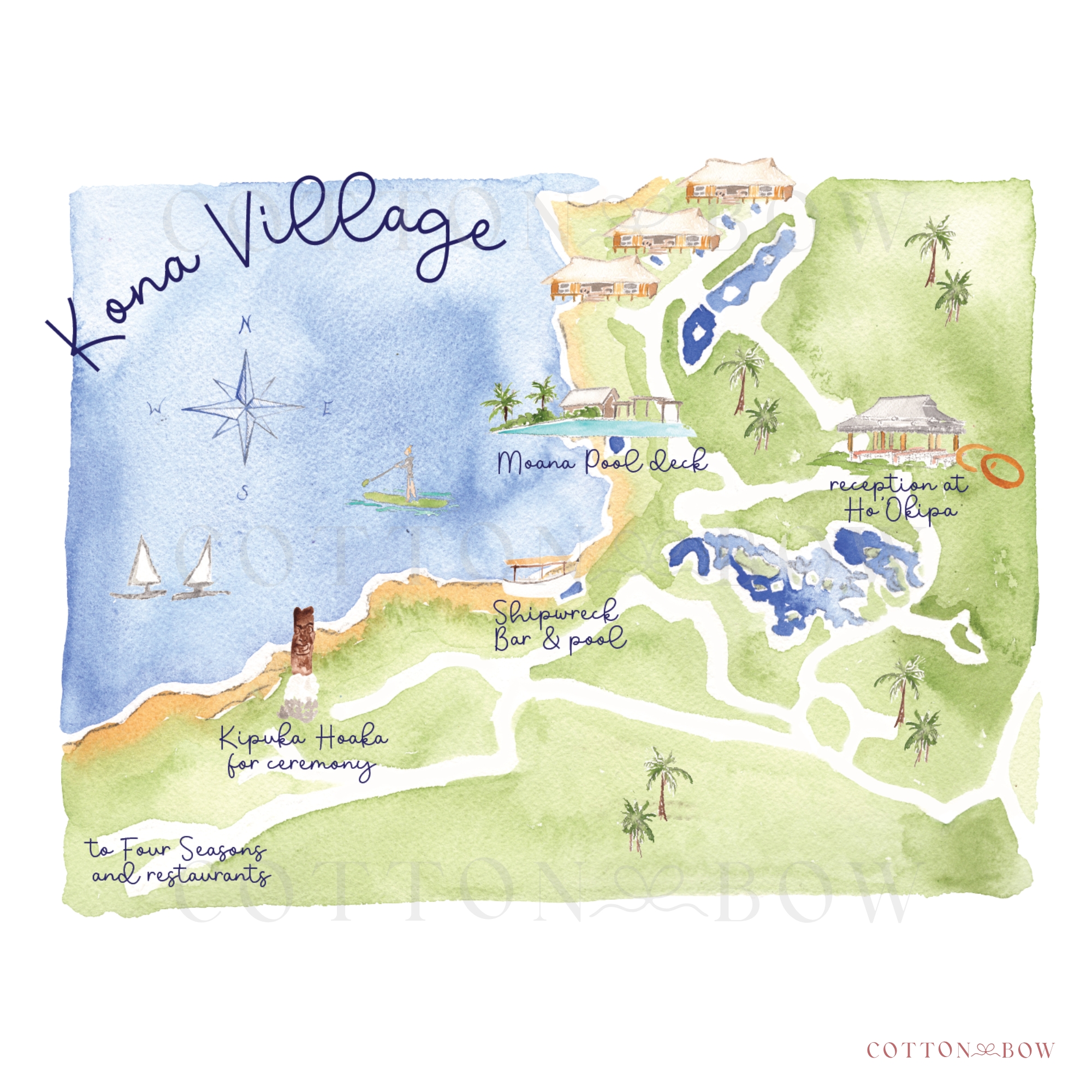 watercolor map of kona village at rosewood resorts with moana pool deck, ho'okipa, shipwreck bar and pool, and kipuka hoaka ceremony spot